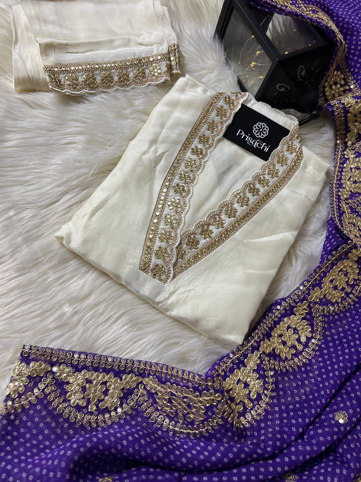 White Lilac silk kurta set with organza dupatta - Prisachi Official