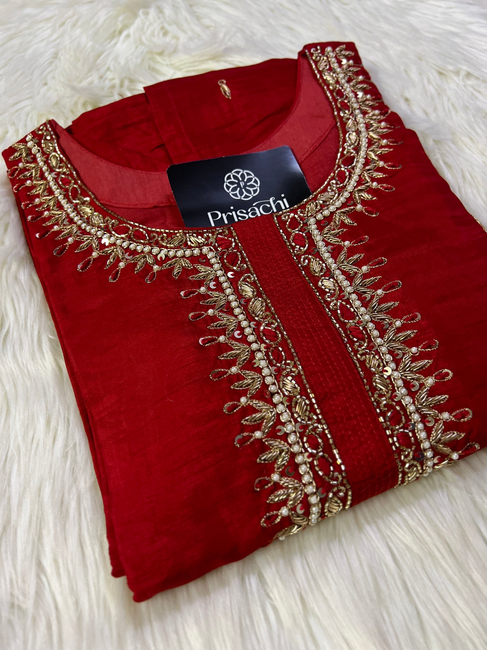 Red Neck Embroidered Muslin kurta set with Full Designed dupatta - Prisachi Official