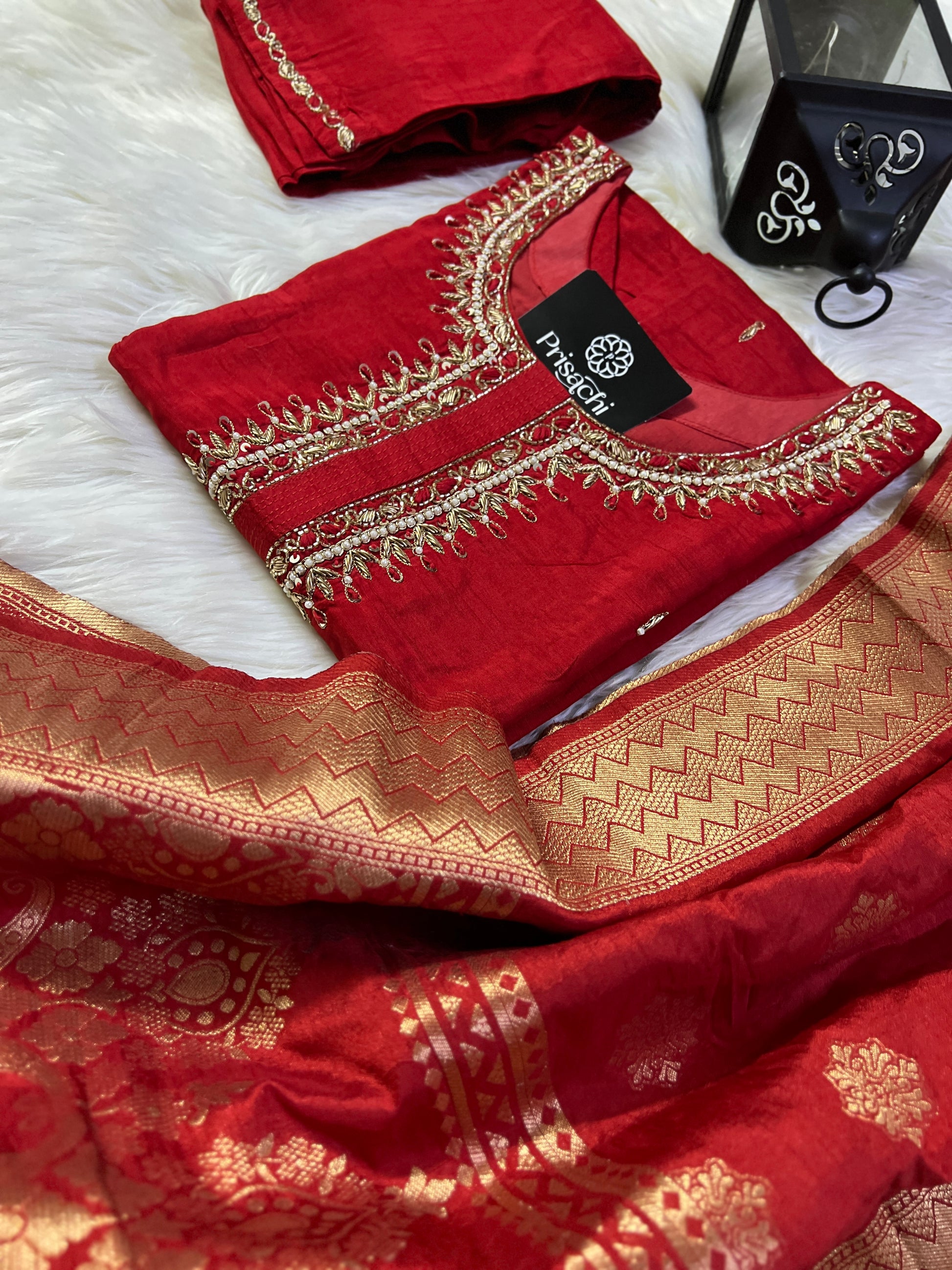 Red Neck Embroidered Muslin kurta set with Full Designed dupatta - Prisachi Official