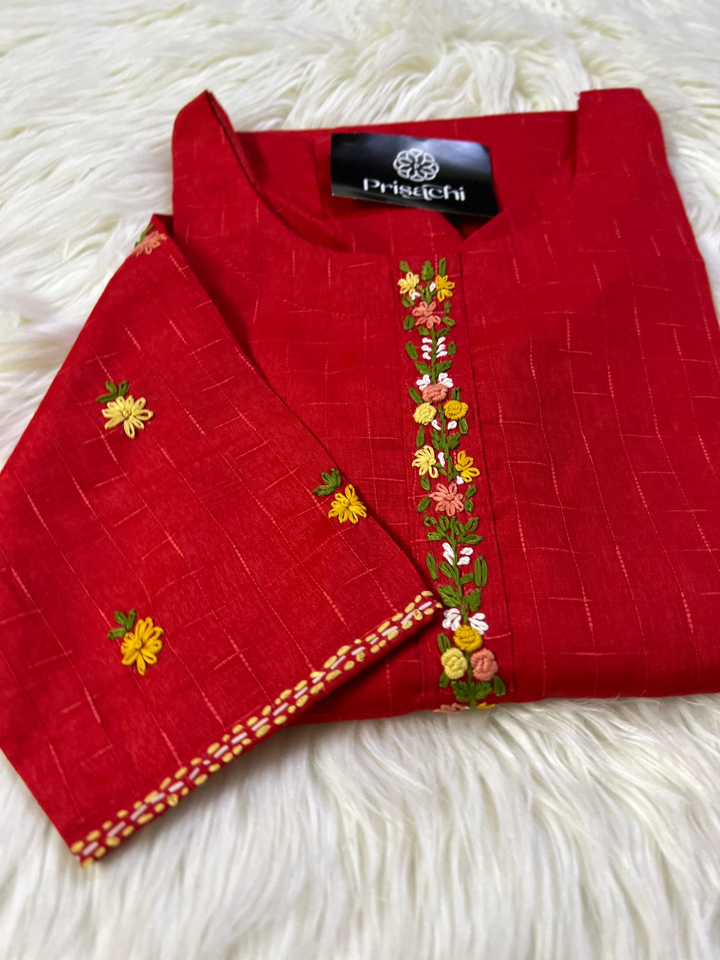 Red hand work cotton kurta - Prisachi Official