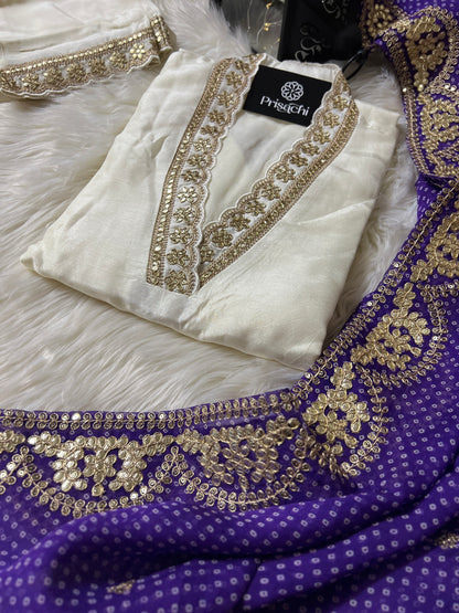 White Lilac silk kurta set with organza dupatta - Prisachi Official