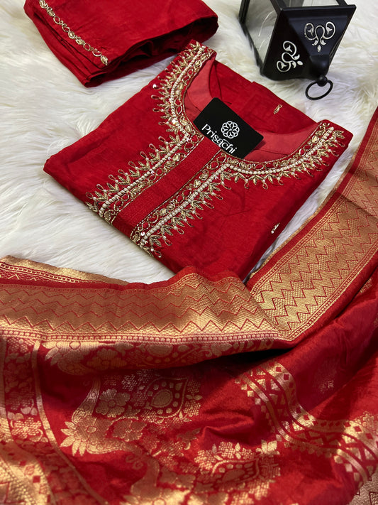 Red Neck Embroidered Muslin kurta set with Full Designed dupatta - Prisachi Official