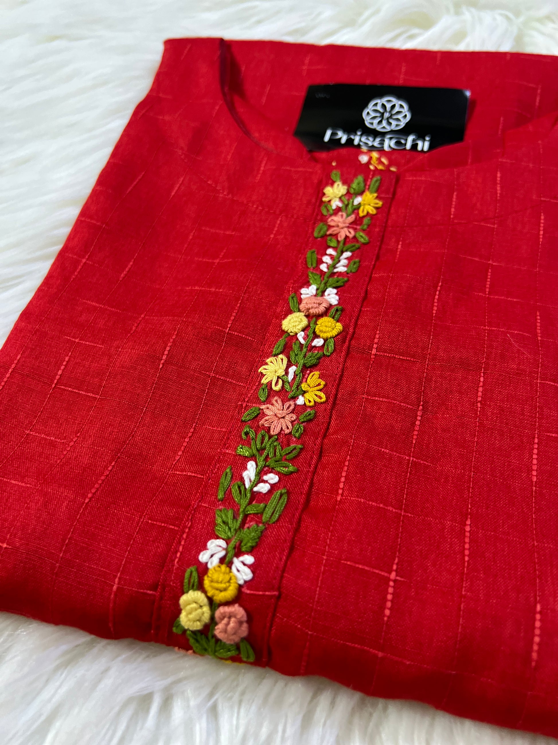 Red hand work cotton kurta - Prisachi Official