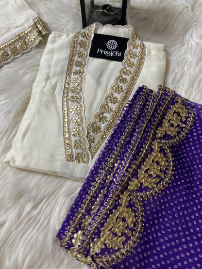 White Lilac silk kurta set with organza dupatta - Prisachi Official