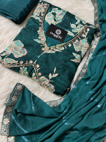 Green Chiffon floral print Alia cut Anarkali dress - Prisachi Official