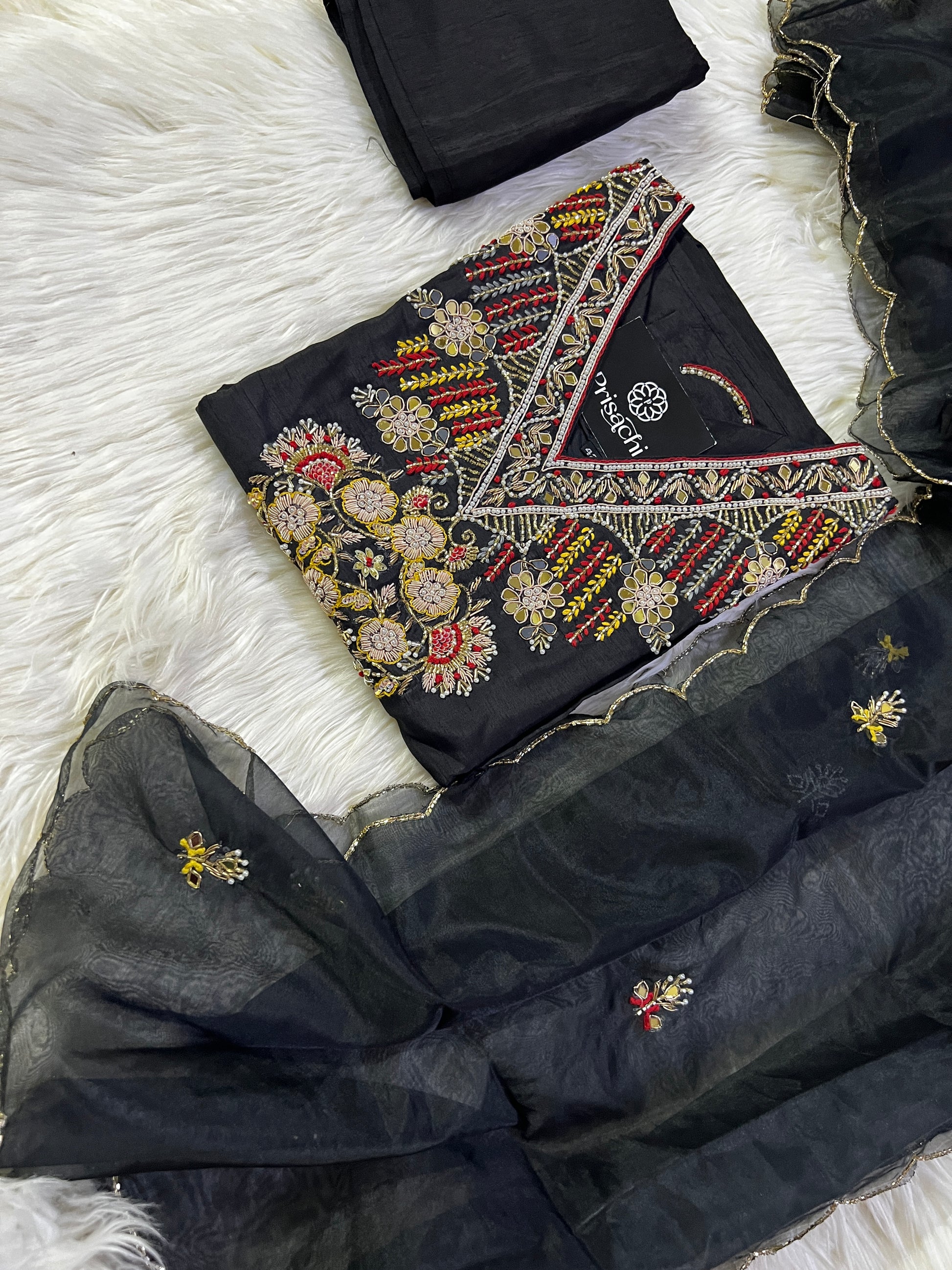 Black embroidered kurta set with organza dupatta - Prisachi Official