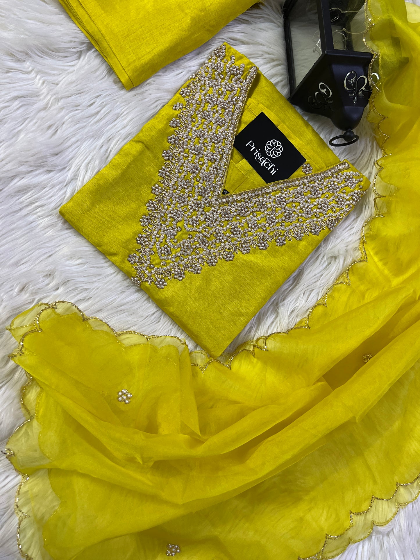 Yellow neck embroidered kurta set with dupatta - Prisachi Official