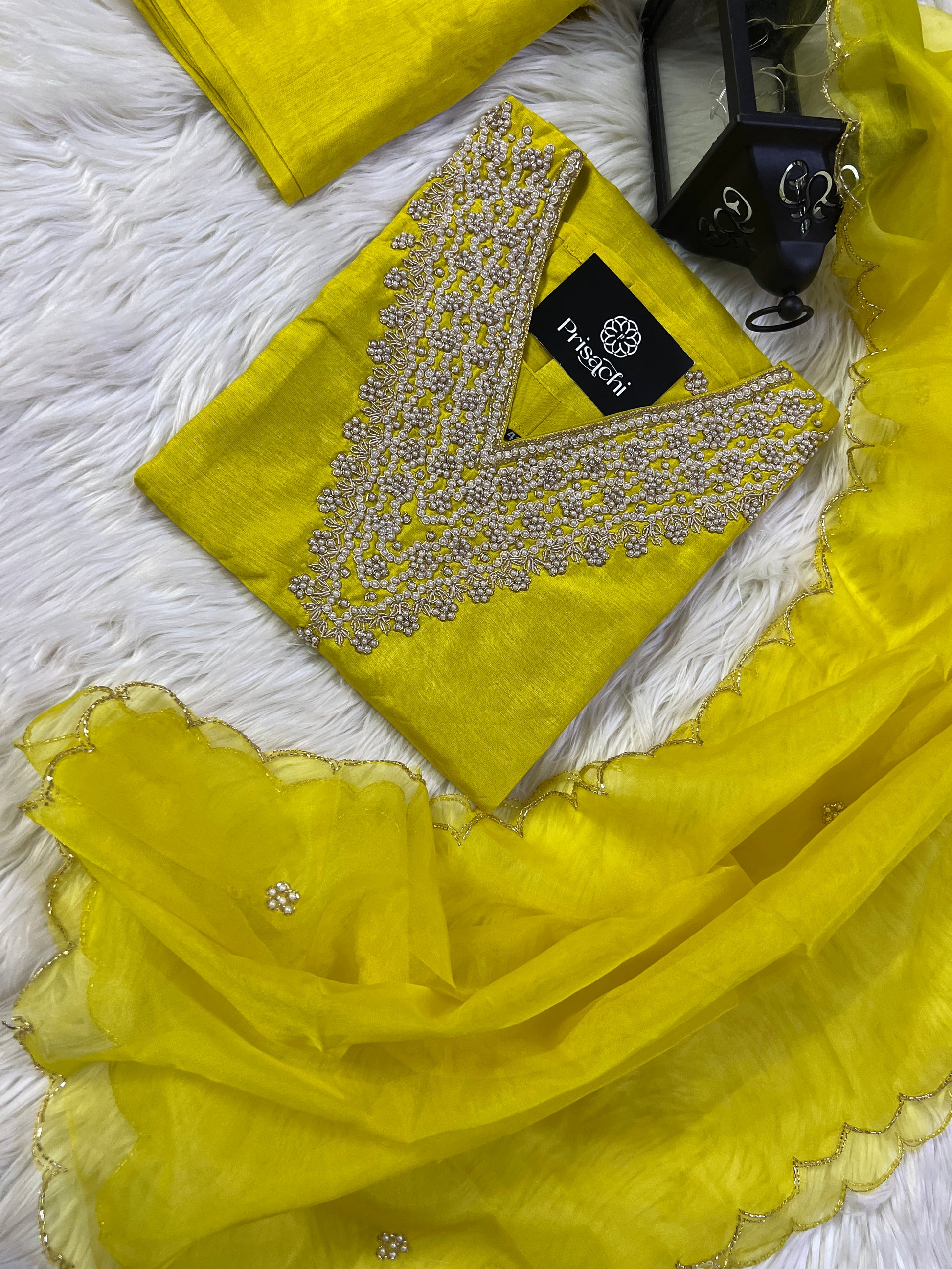 Yellow neck embroidered kurta set with dupatta - Prisachi Official