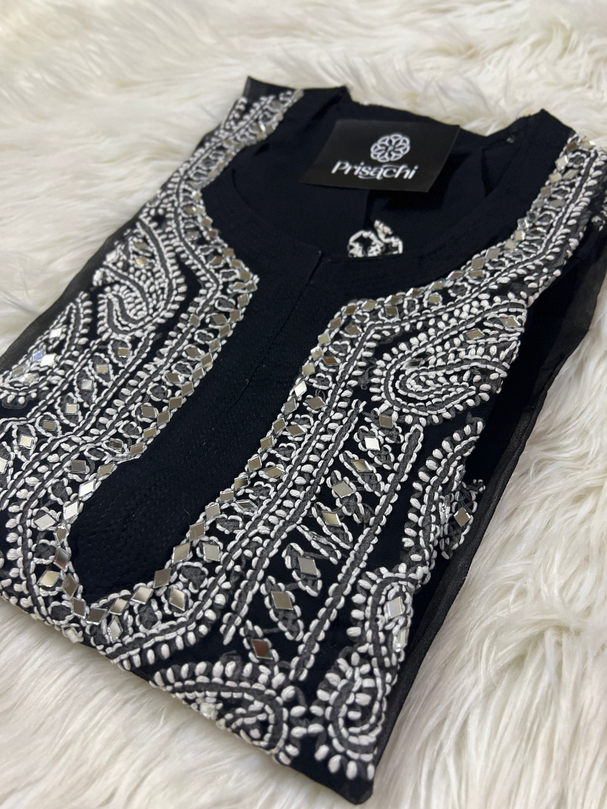 Black Georgette mirror work kurti with chikankari work - Prisachi Official