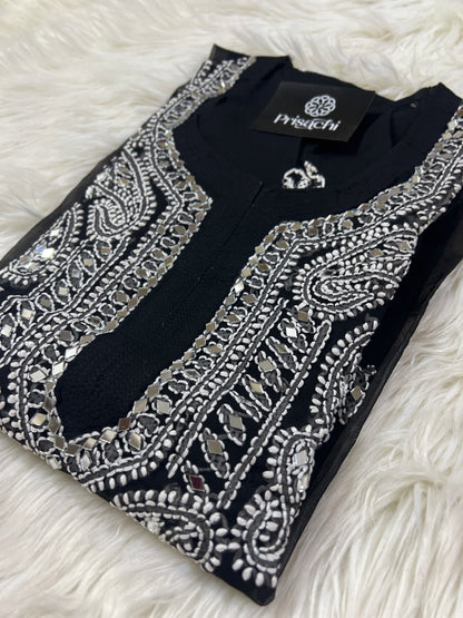 Black Georgette mirror work kurti with chikankari work - Prisachi Official