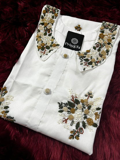 White neck embroidered kurta - Prisachi Official