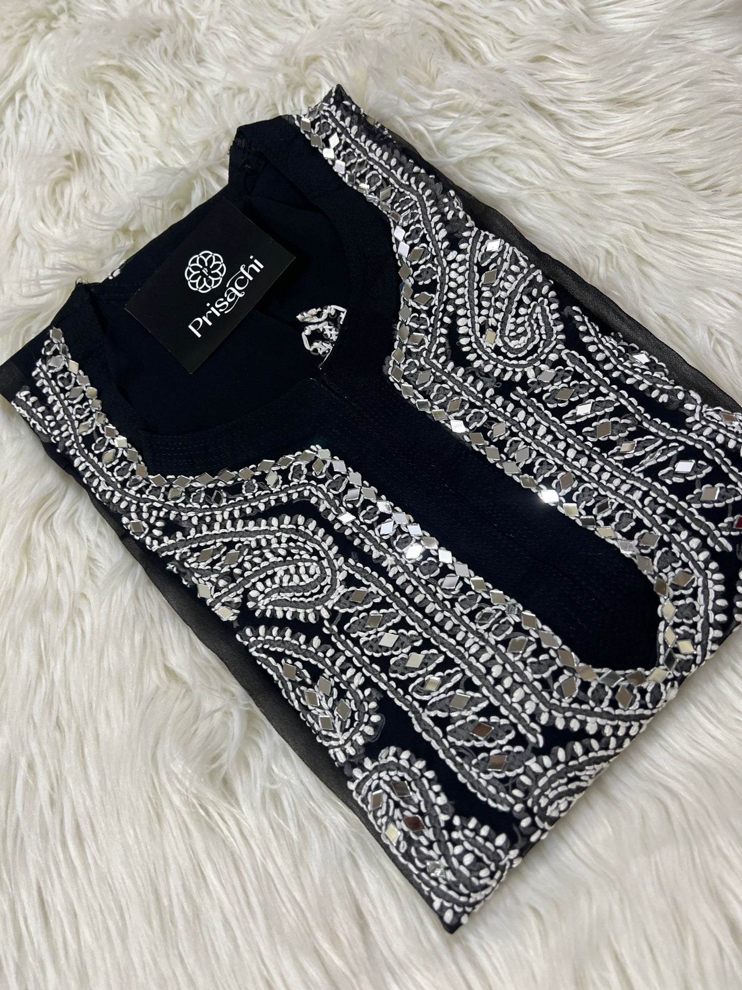 Black Georgette mirror work kurti with chikankari work - Prisachi Official