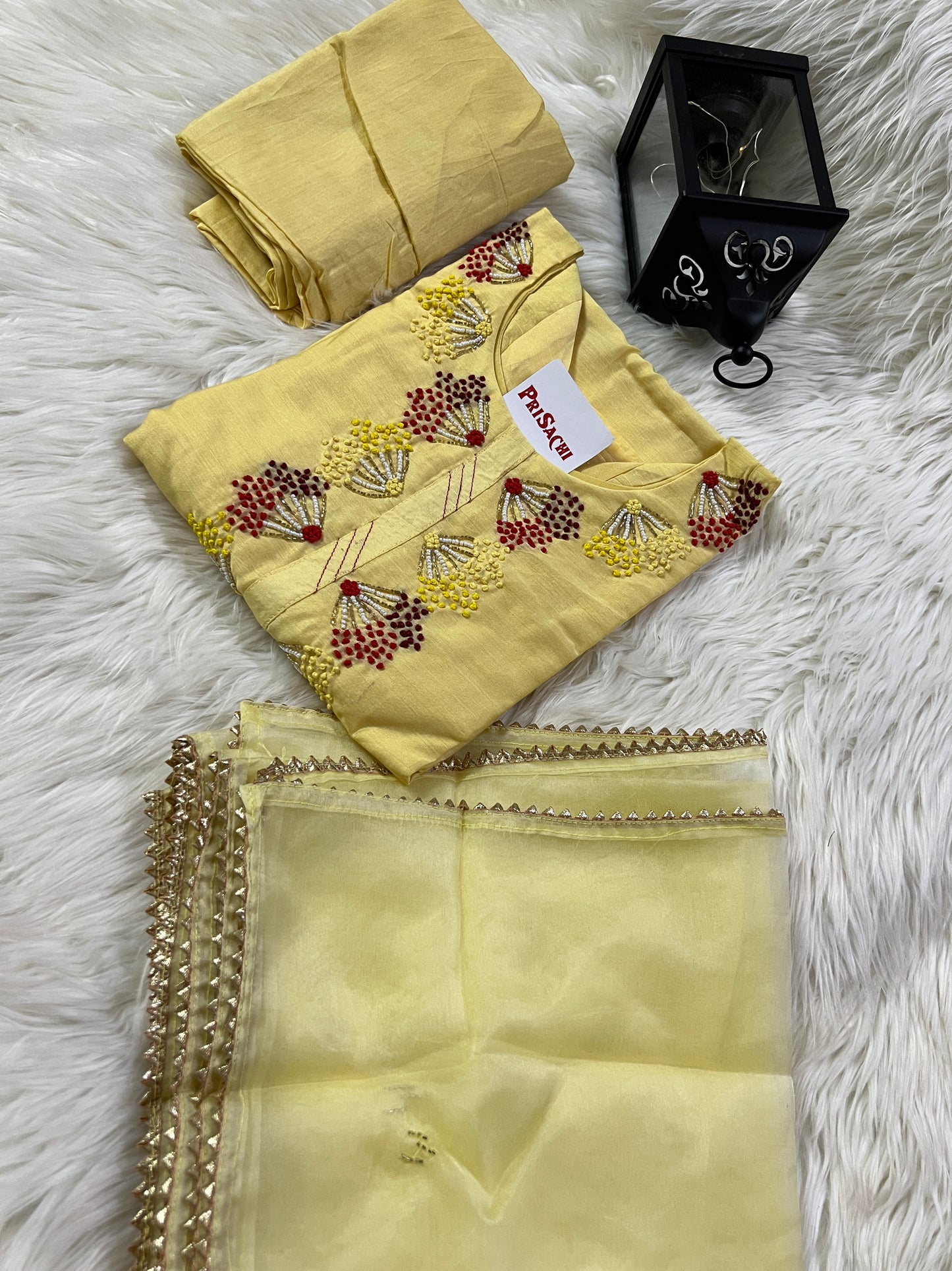 Yellow embroidered kurta set with dupatta - Prisachi Official