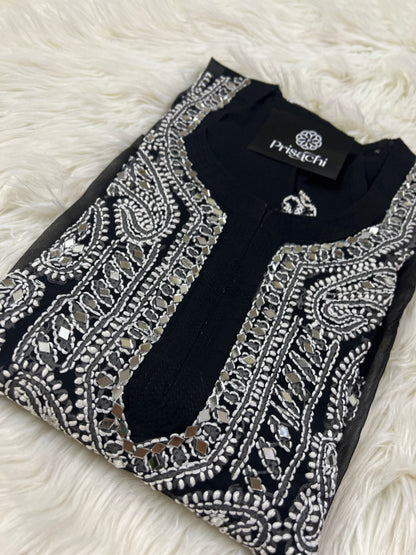 Black Georgette mirror work kurti with chikankari work - Prisachi Official