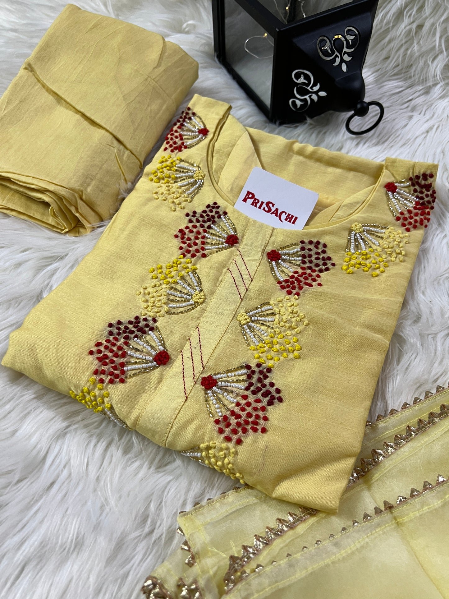 Yellow embroidered kurta set with dupatta - Prisachi Official