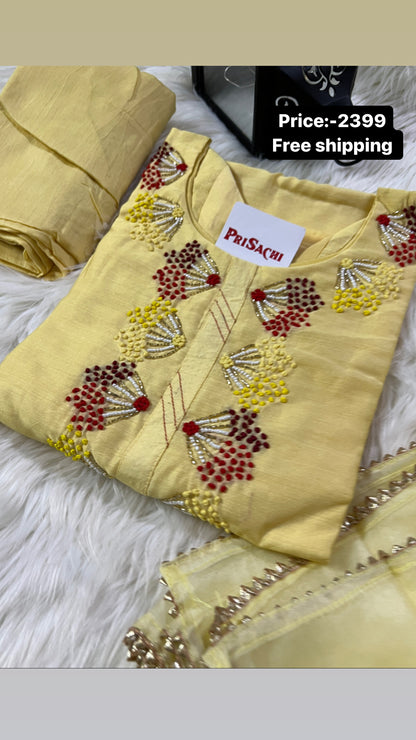 Yellow embroidered kurta set with dupatta - Prisachi Official