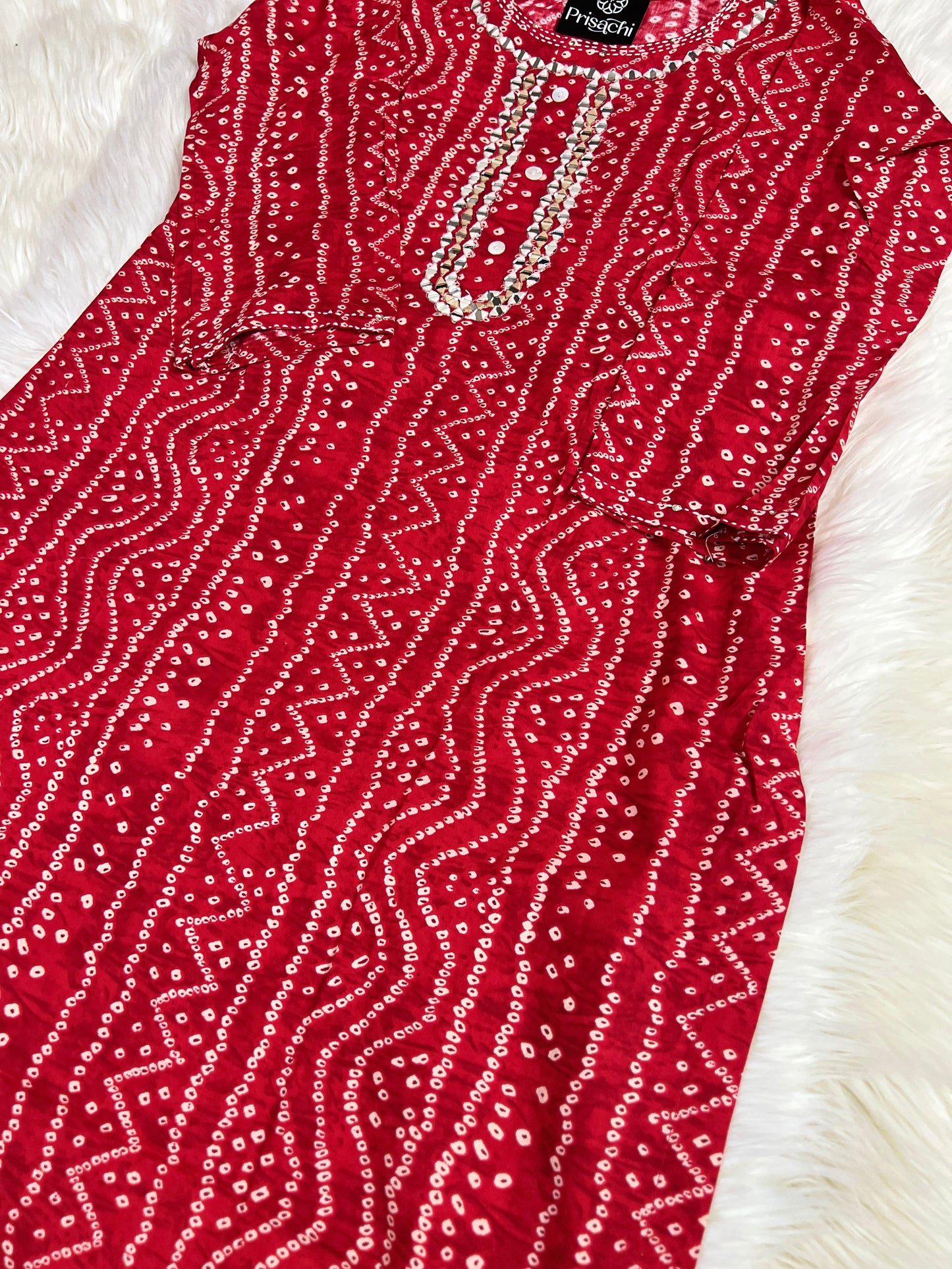 Red Bandhani embroidered cotton Kurti - Prisachi Official