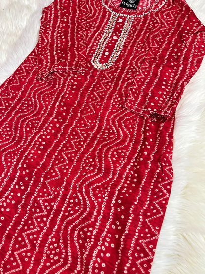 Red Bandhani embroidered cotton Kurti - Prisachi Official