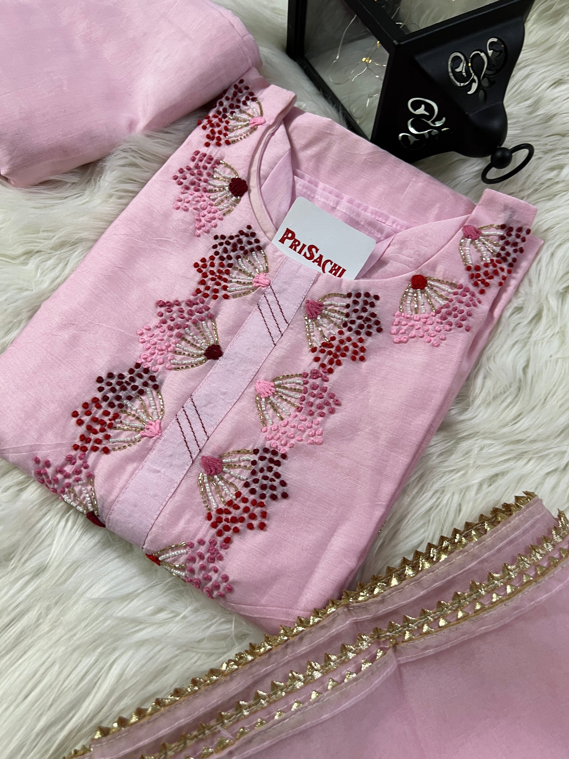 Pink embroidered kurta set with dupatta - Prisachi Official