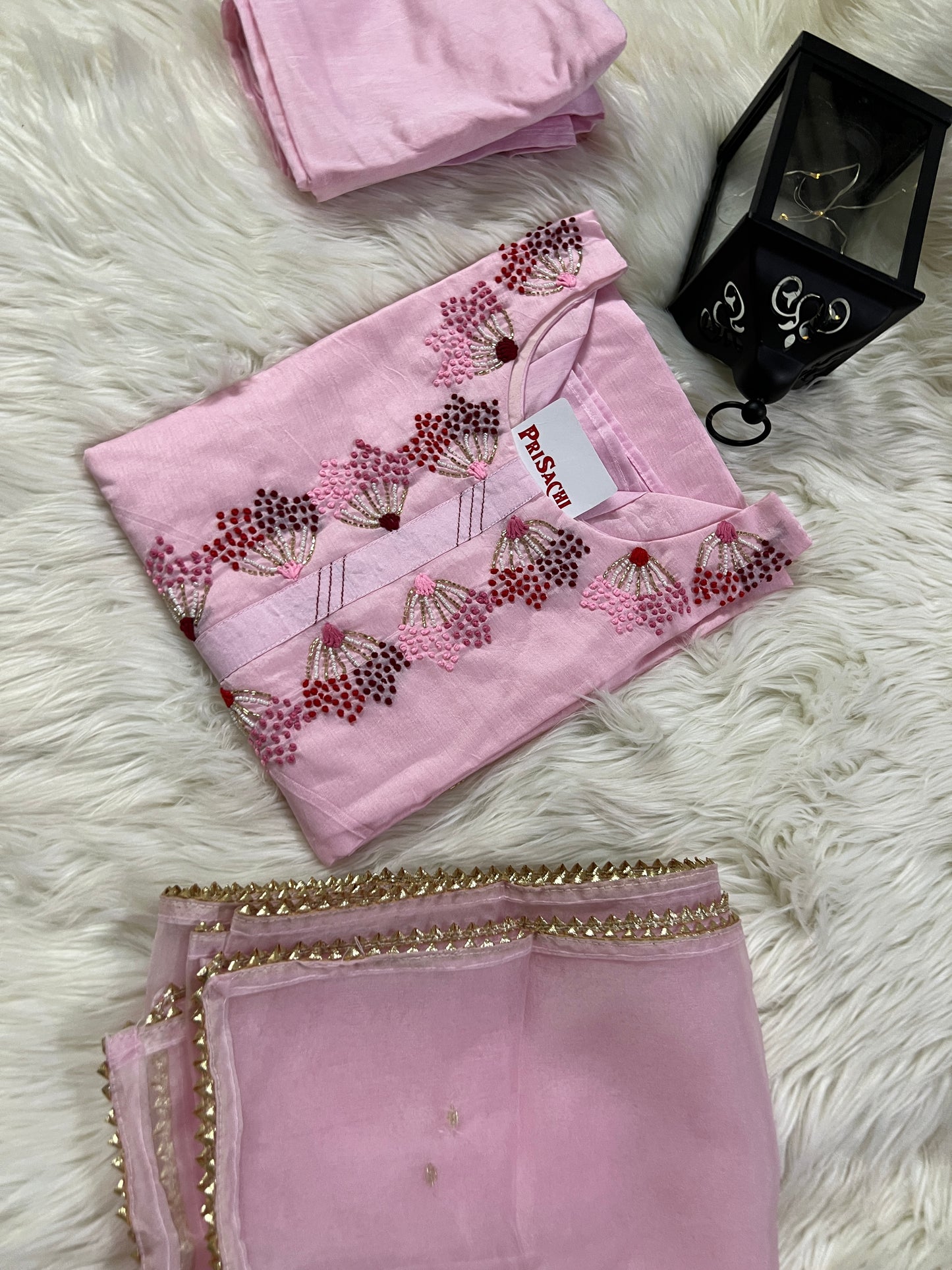 Pink embroidered kurta set with dupatta - Prisachi Official