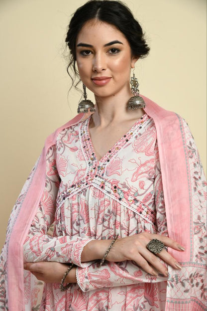 Pink alia cut kurta set with dupatta - Prisachi Official