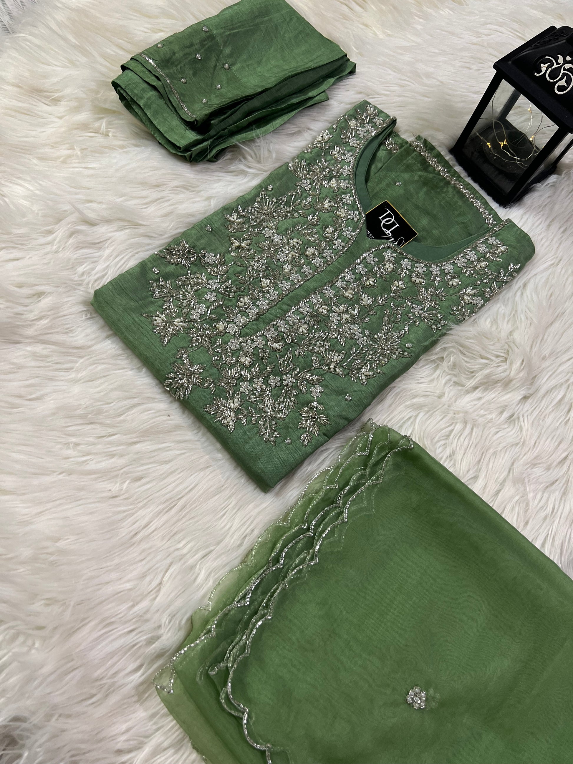 Maslin Designer Embroidery with Zardosi Green - Prisachi Official