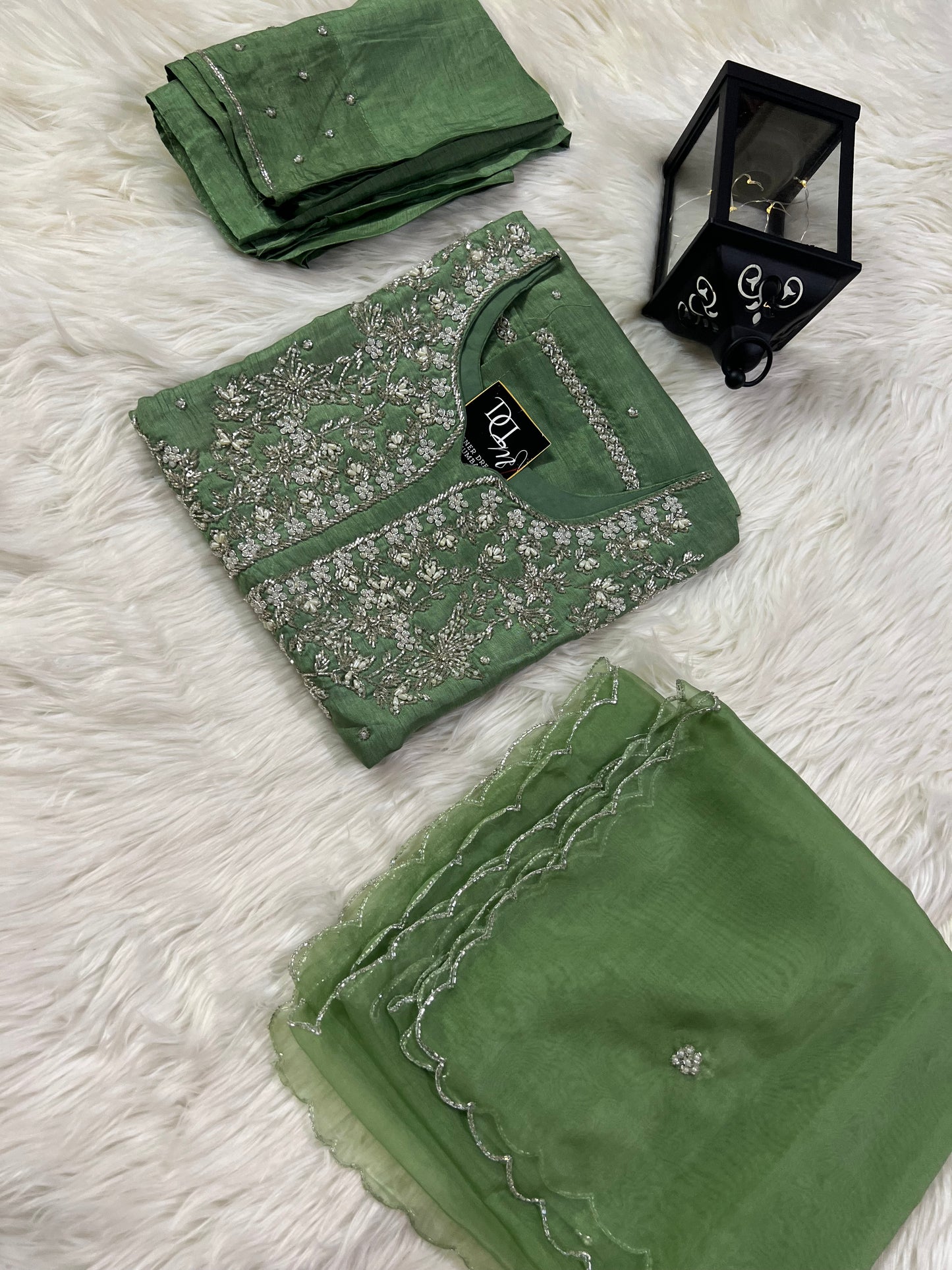 Maslin Designer Embroidery with Zardosi Green - Prisachi Official