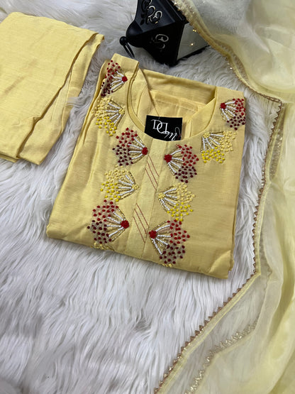 Yellow embroidered kurta set with dupatta - Prisachi Official