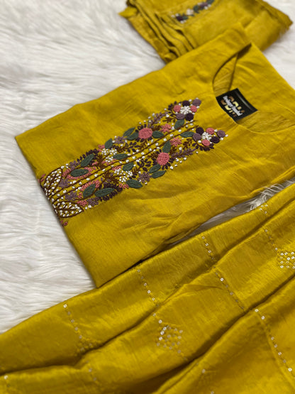 Yellow embroidered chanderi silk kurta set with dupatta - Prisachi Official