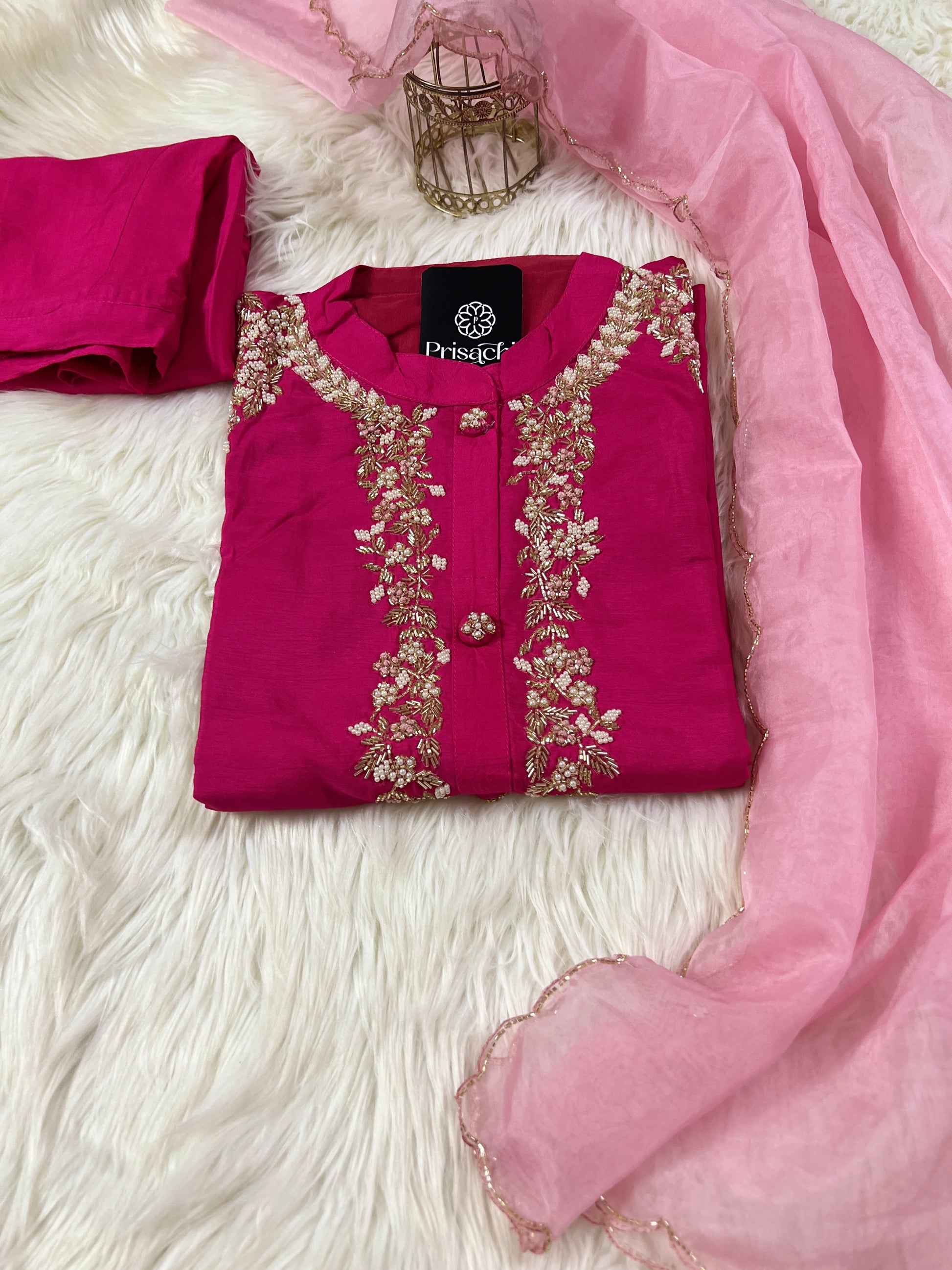 Pink embroidered kurta set with dupatta - Prisachi Official