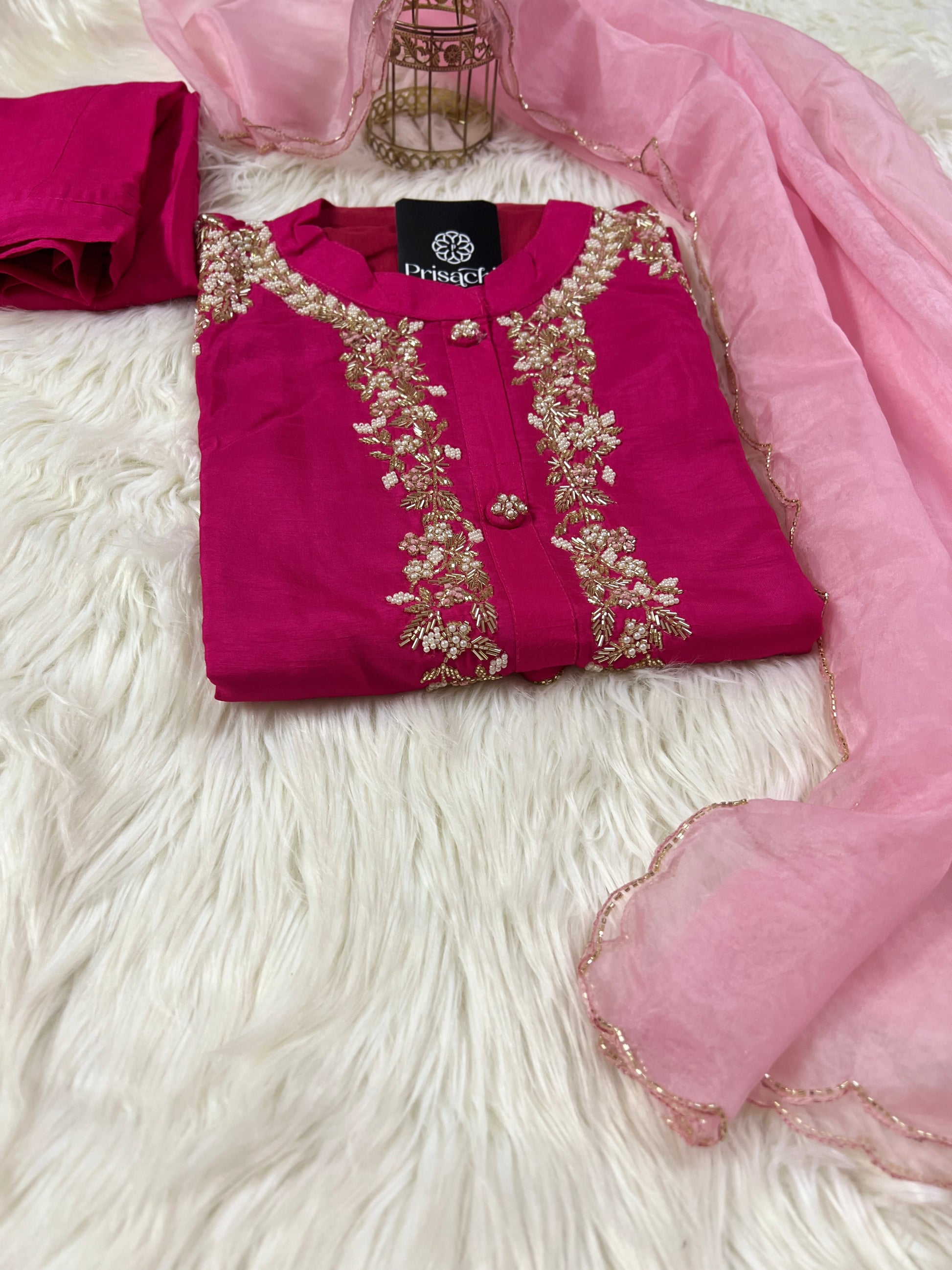 Pink embroidered kurta set with dupatta - Prisachi Official