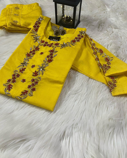 Yellow embroidered kurta set with dupatta - Prisachi Official