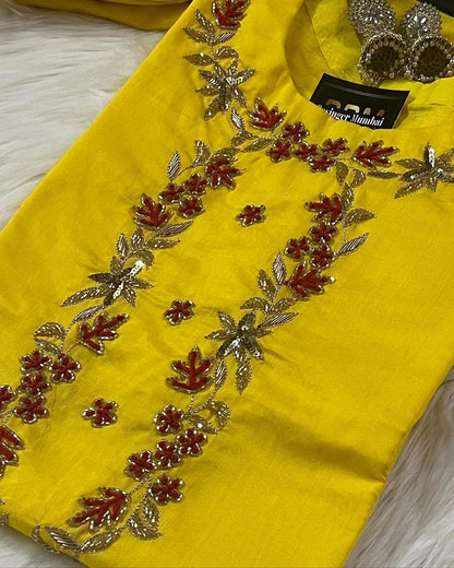 Yellow embroidered kurta set with dupatta - Prisachi Official