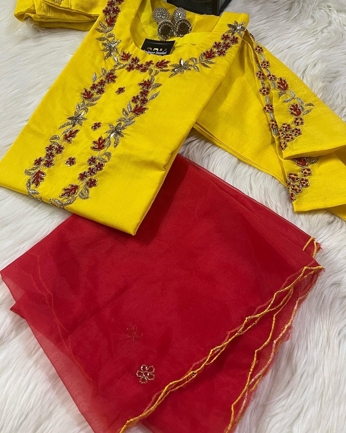 Yellow embroidered kurta set with dupatta - Prisachi Official