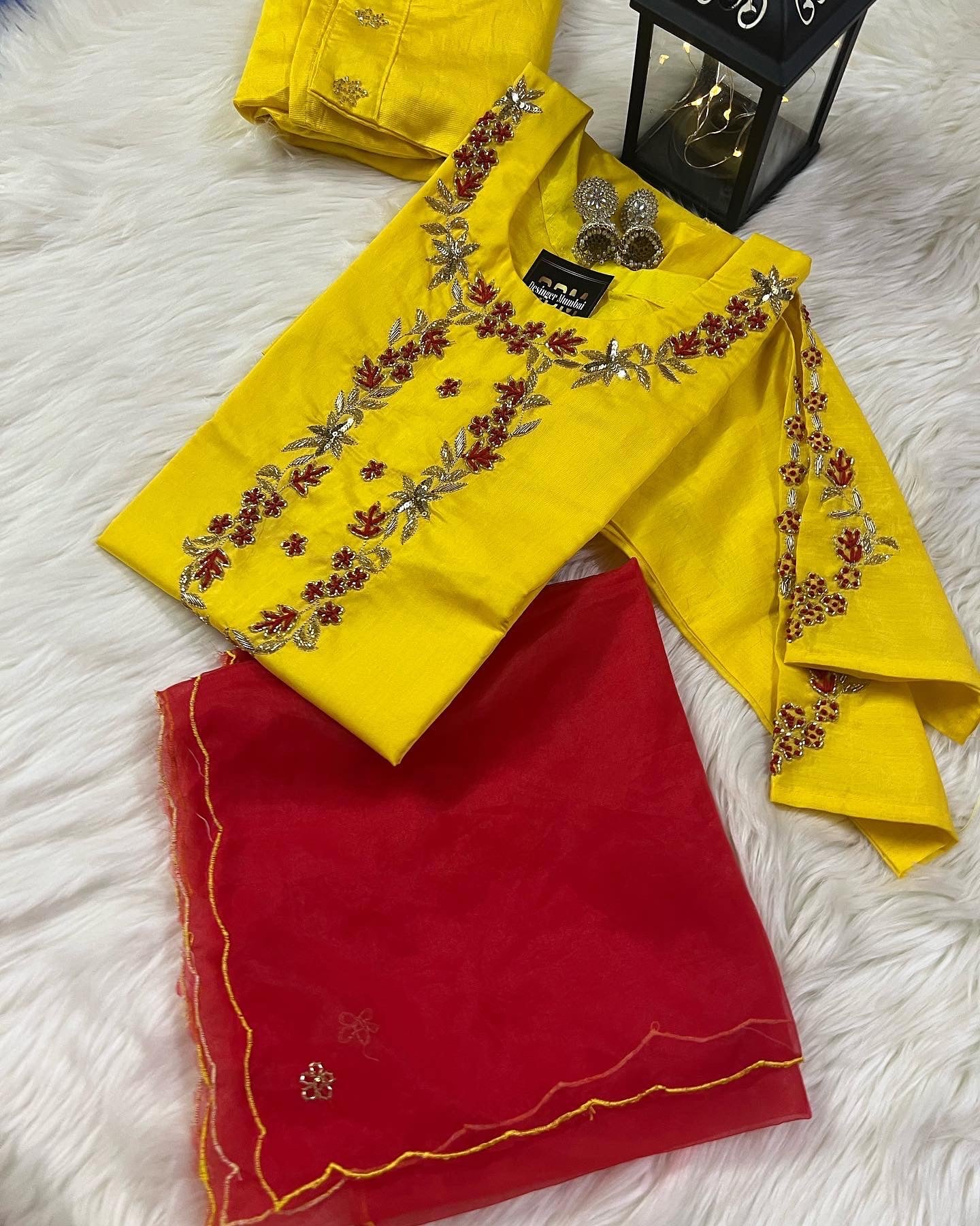 Yellow embroidered kurta set with dupatta - Prisachi Official