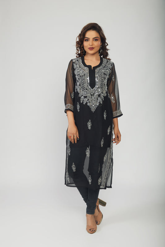 Black Georgette mirror work kurti with chikankari work - prisachiofficial