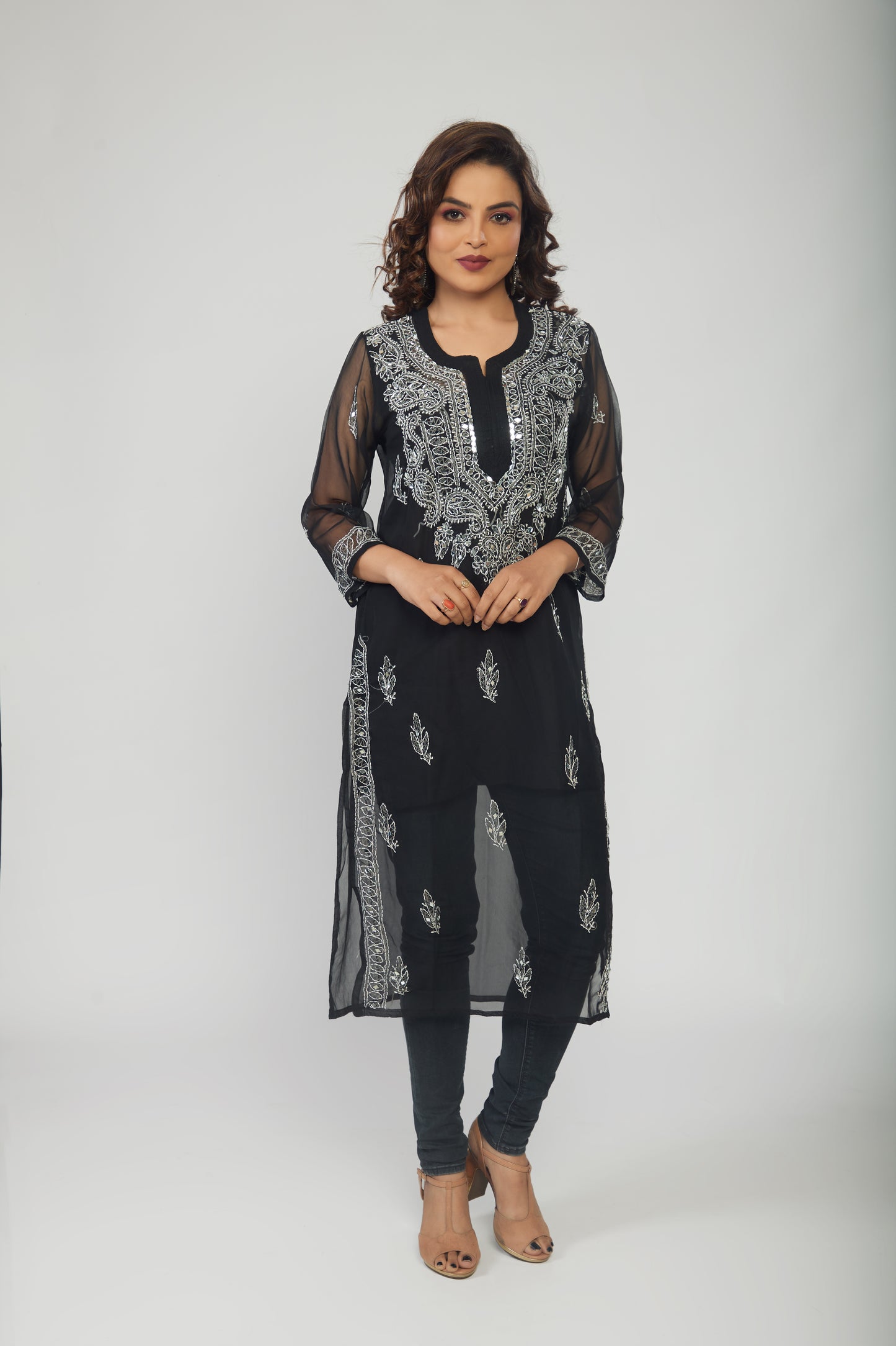 Black Georgette mirror work kurti with chikankari work - prisachiofficial