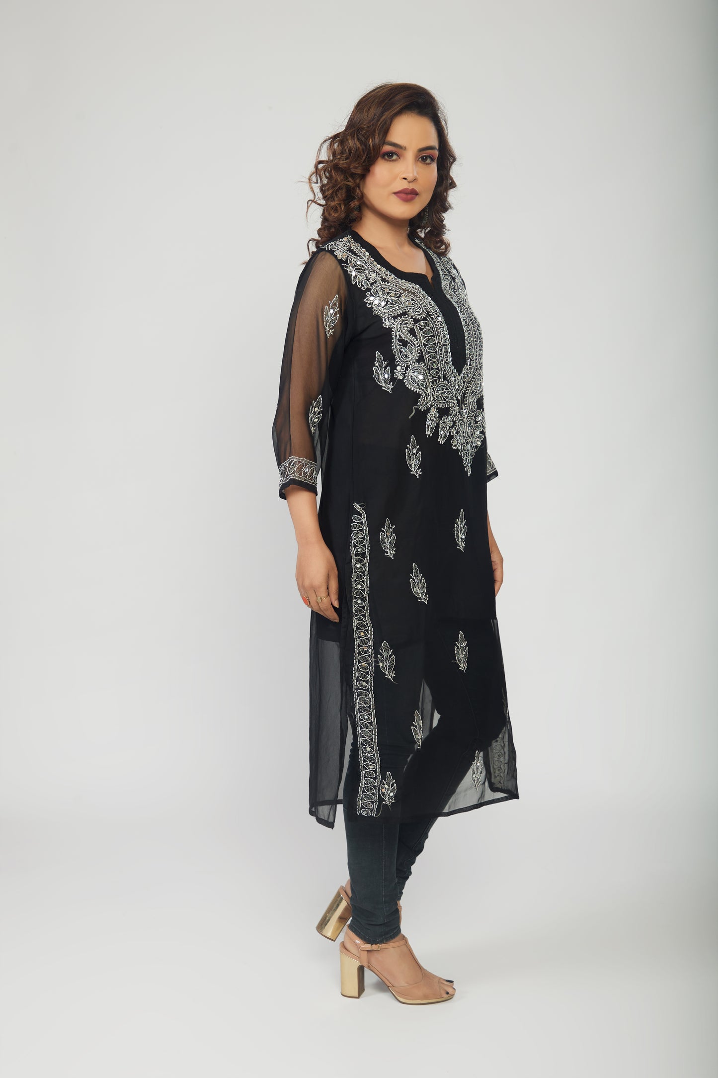 Black Georgette mirror work kurti with chikankari work - prisachiofficial