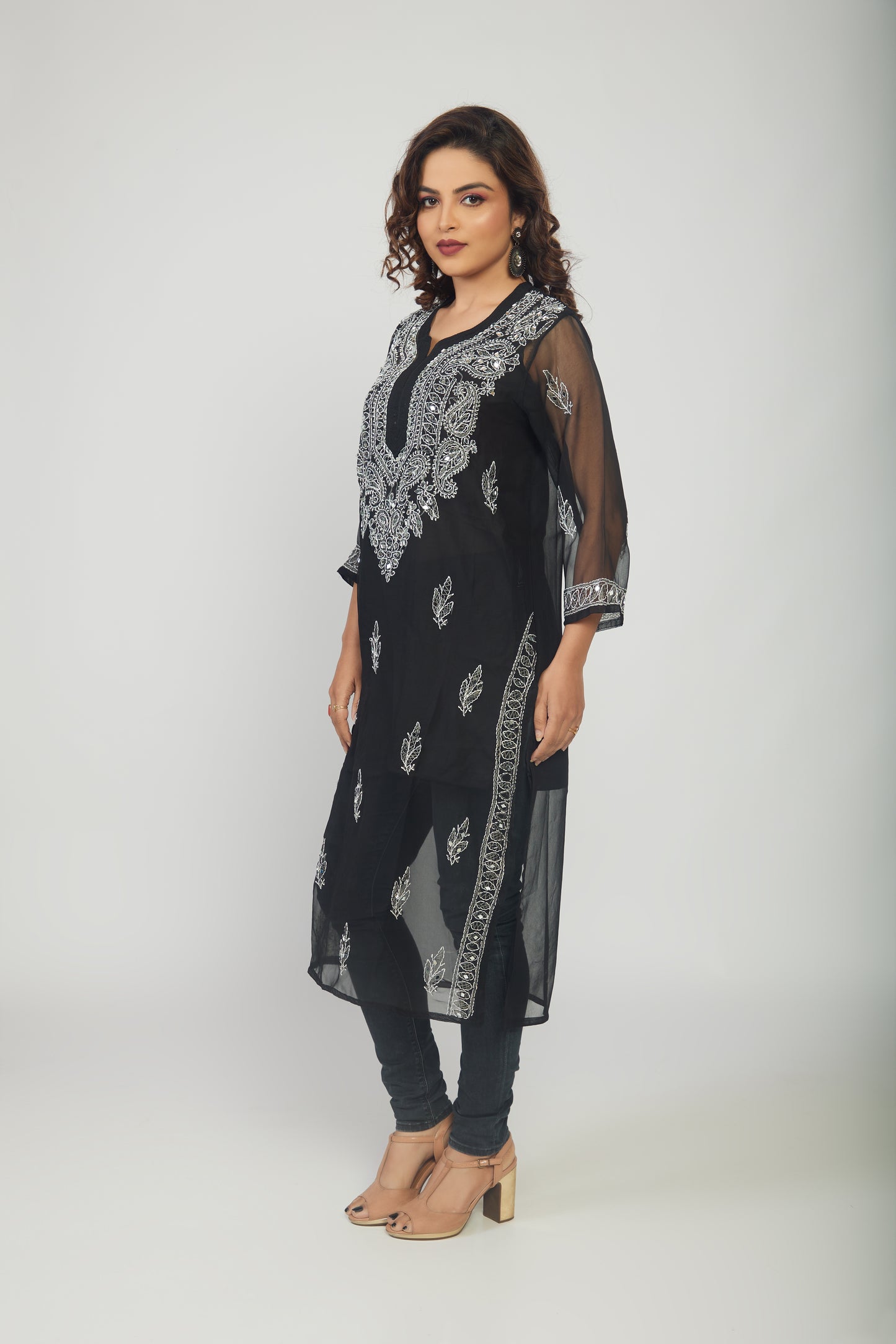 Black Georgette mirror work kurti with chikankari work - prisachiofficial