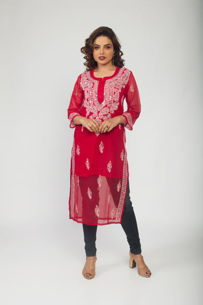 Red Georgette mirror work kurti with chikankari work - prisachiofficial