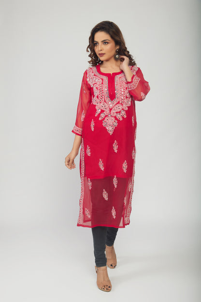 Red Georgette mirror work kurti with chikankari work - prisachiofficial