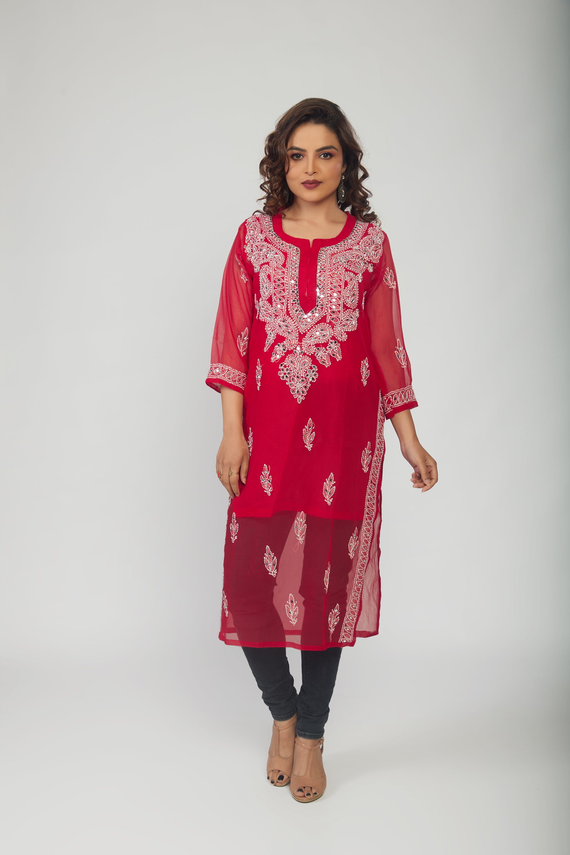 Red Georgette mirror work kurti with chikankari work - prisachiofficial