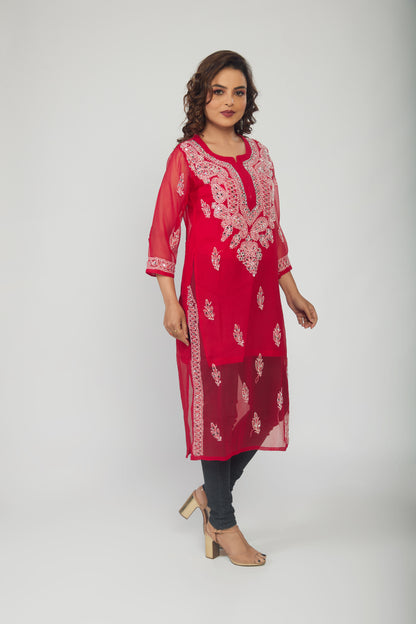 Red Georgette mirror work kurti with chikankari work - prisachiofficial