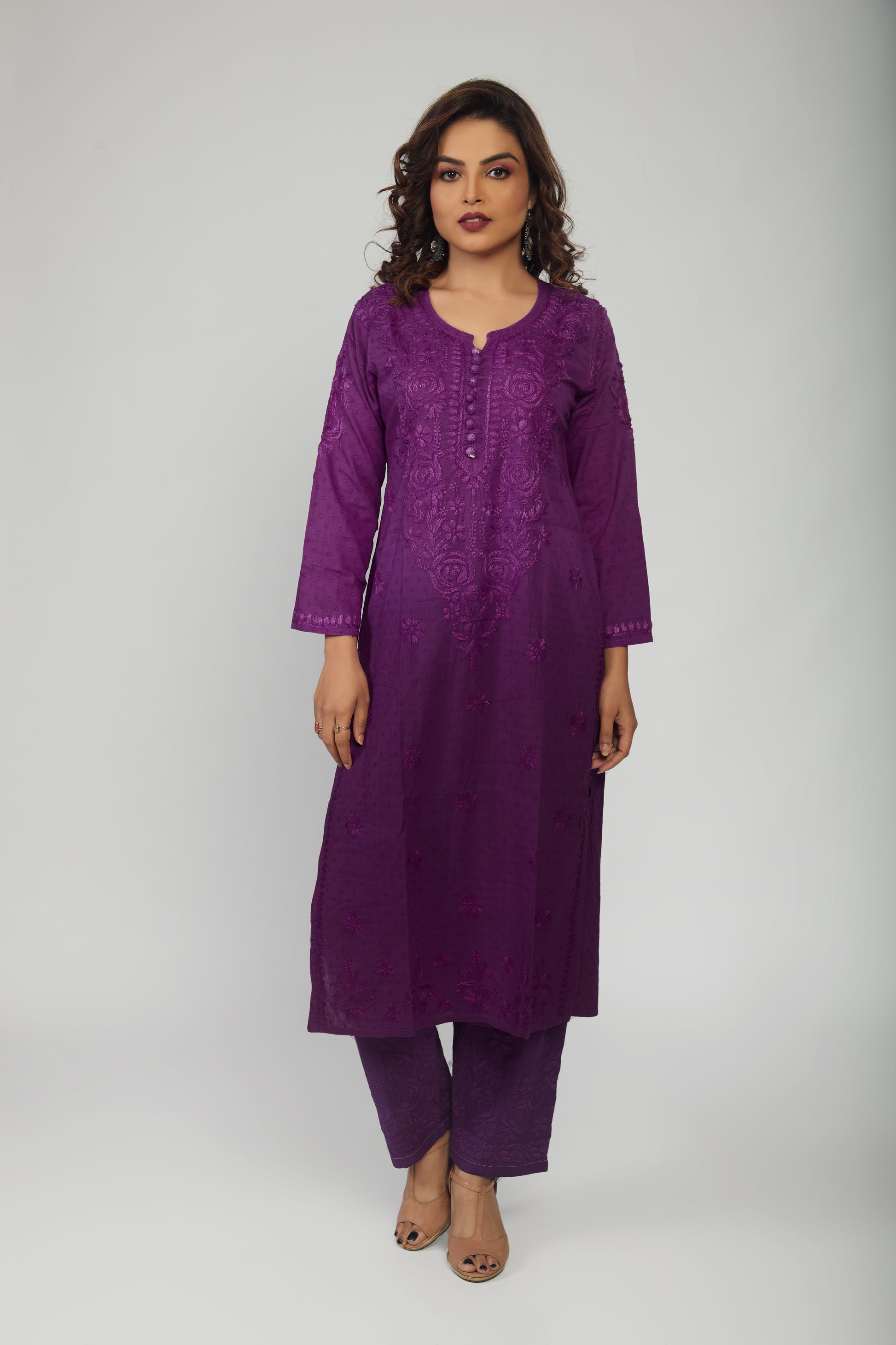 Chanderi Kurti And Palazzo Chikankari Set Purple - prisachiofficial