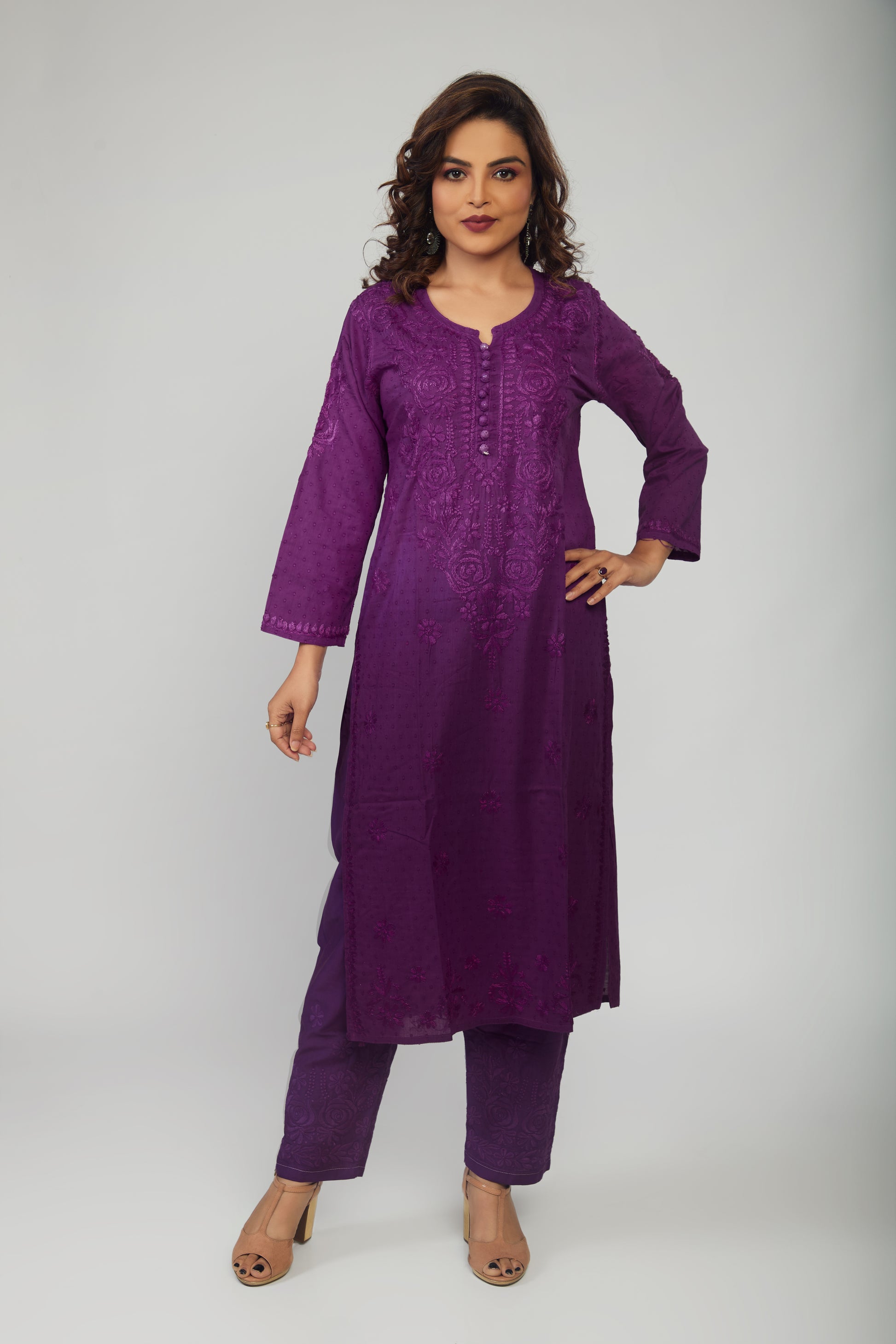 Chanderi Kurti And Palazzo Chikankari Set Purple - prisachiofficial