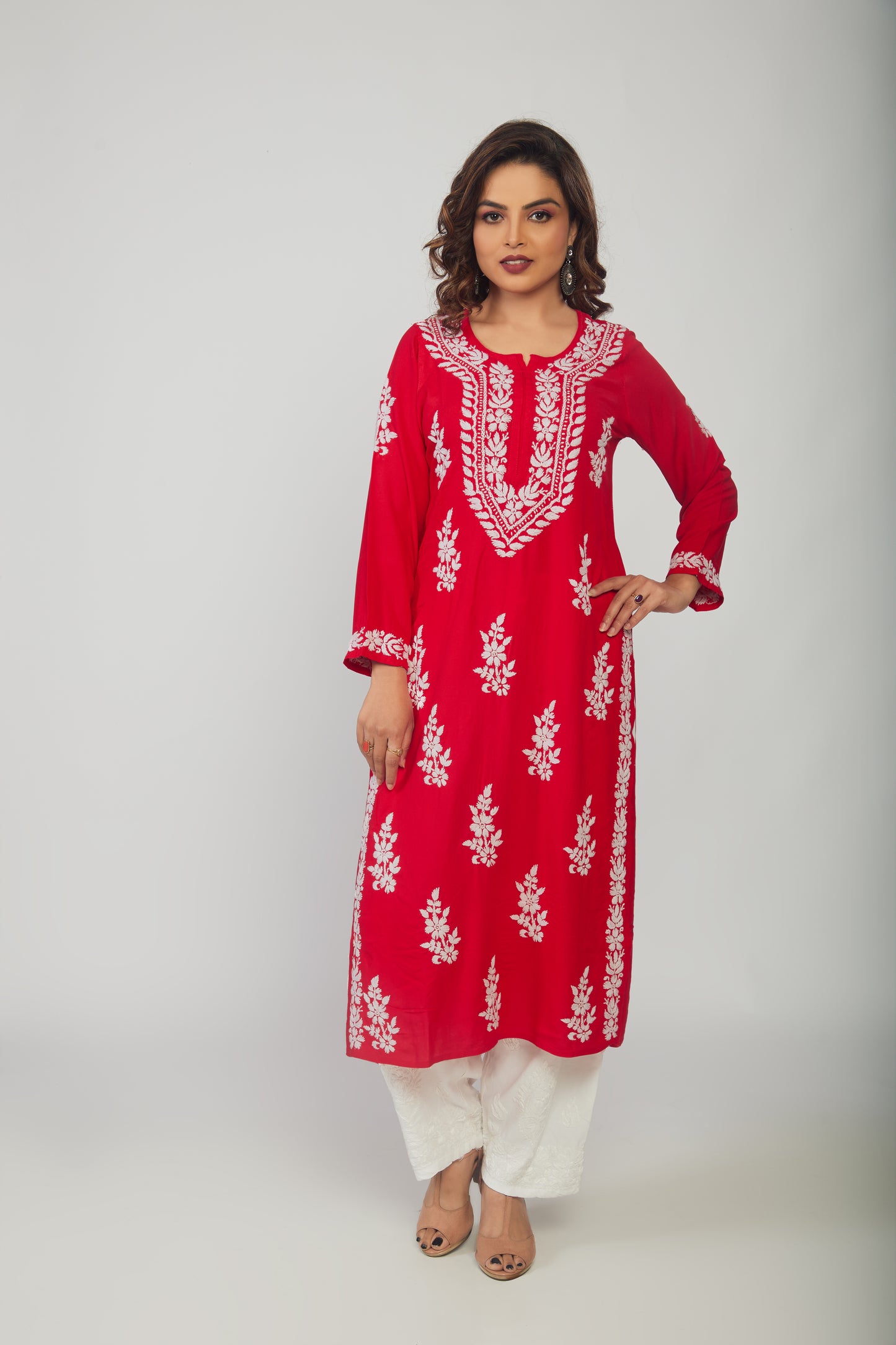 Hand Embroidered Red Lucknowi Chikankari Kurta - prisachiofficial