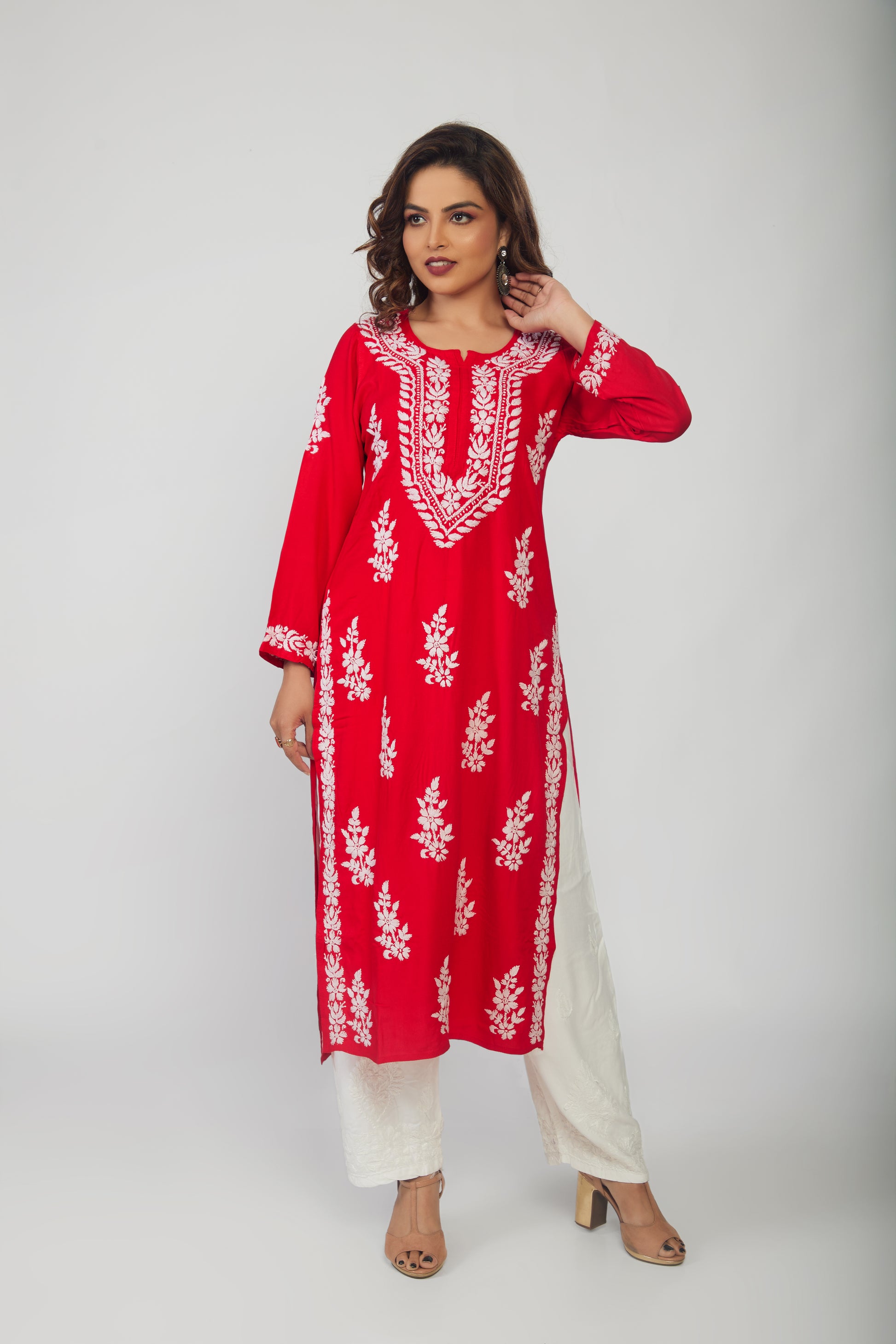 Hand Embroidered Red Lucknowi Chikankari Kurta - prisachiofficial