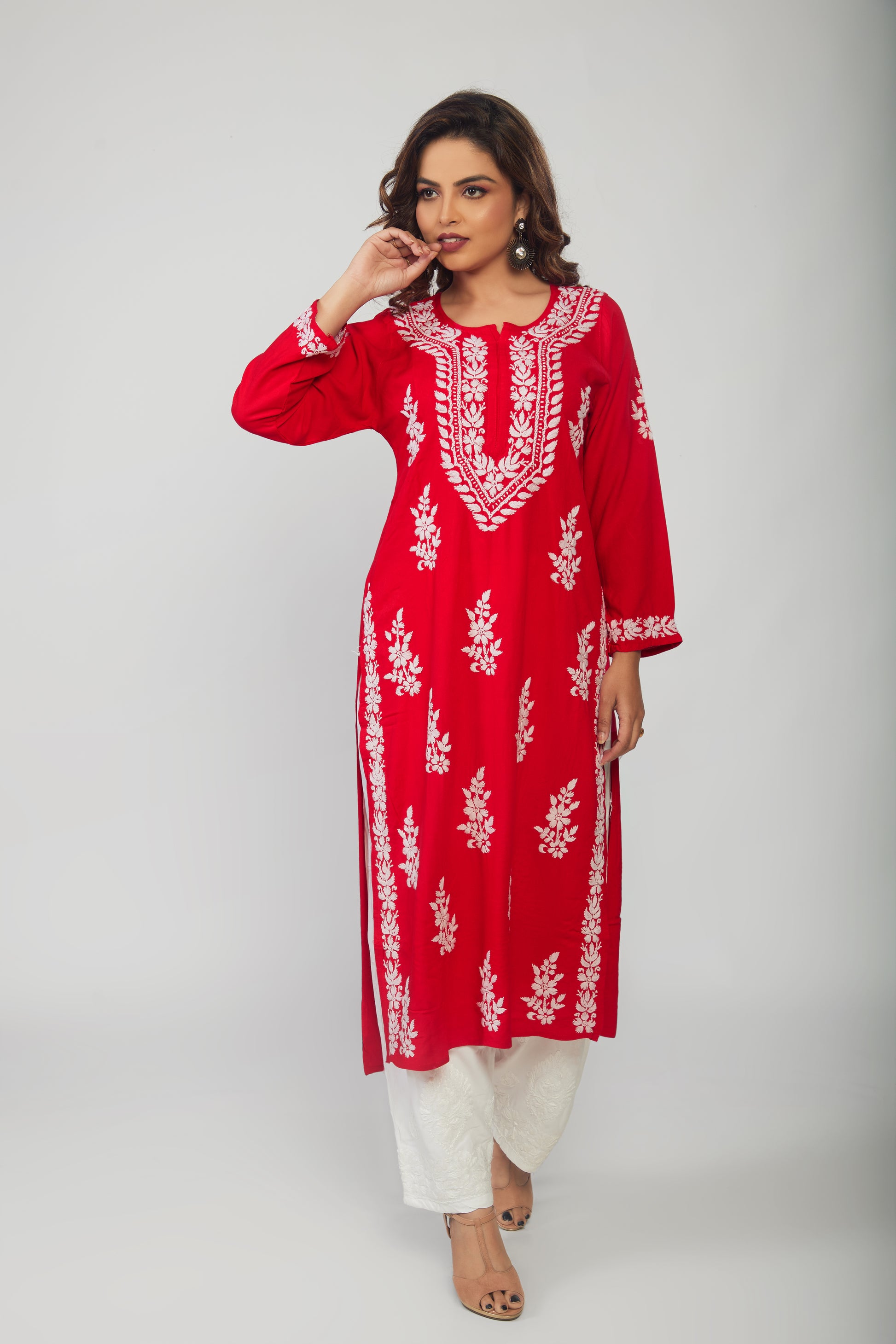 Hand Embroidered Red Lucknowi Chikankari Kurta - prisachiofficial