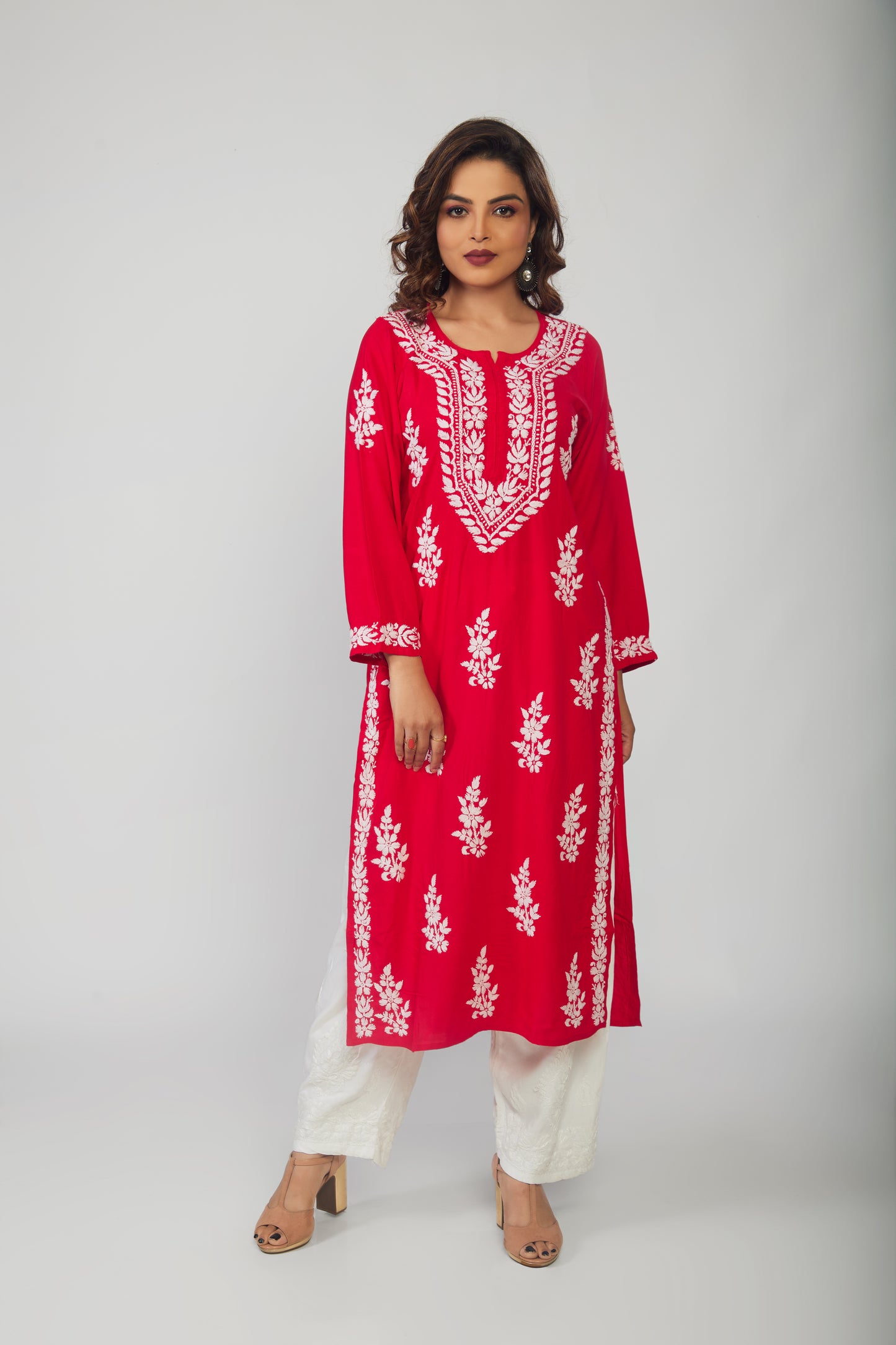 Hand Embroidered Red Lucknowi Chikankari Kurta - prisachiofficial