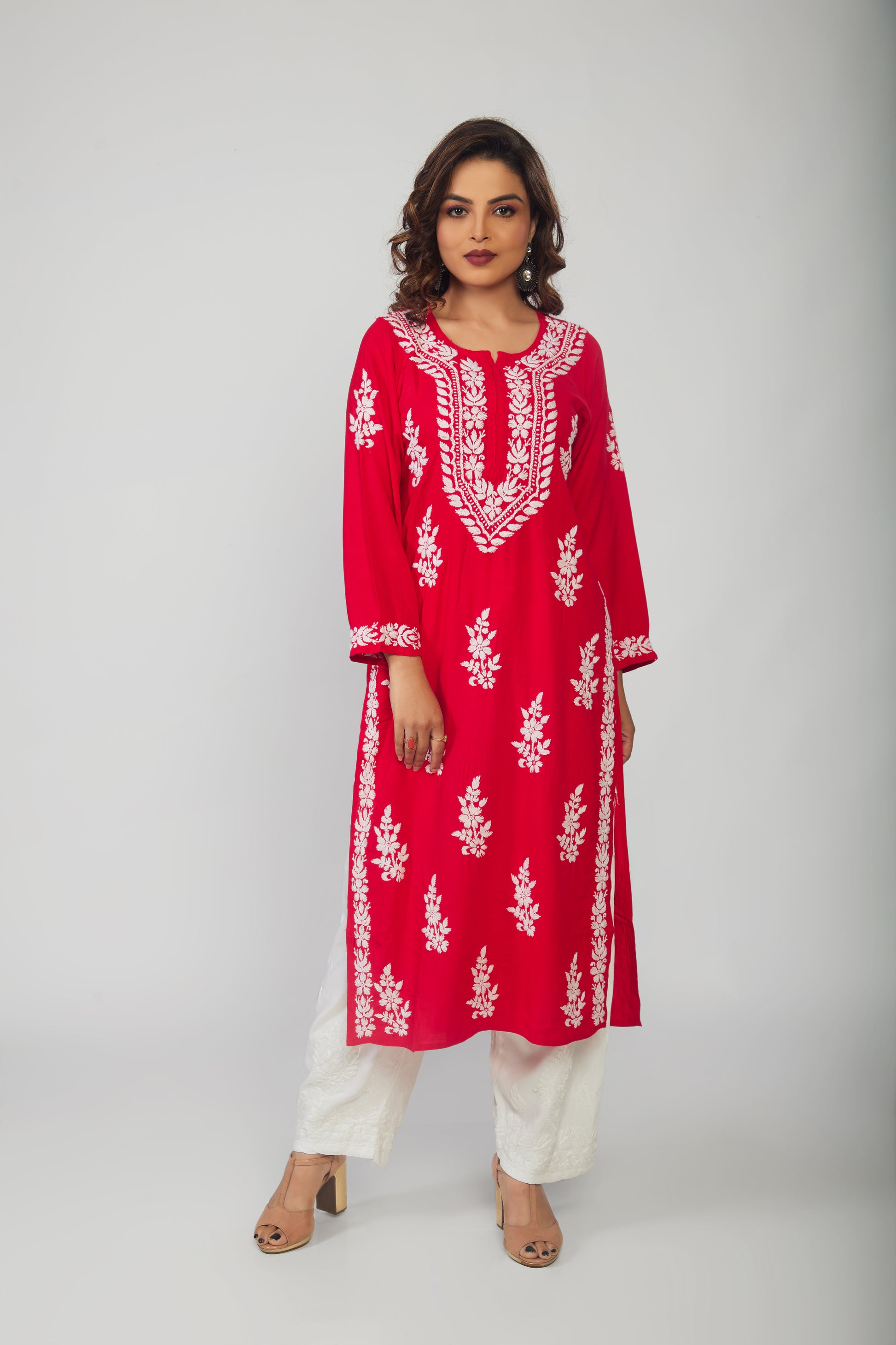 Hand Embroidered Red Lucknowi Chikankari Kurta - prisachiofficial